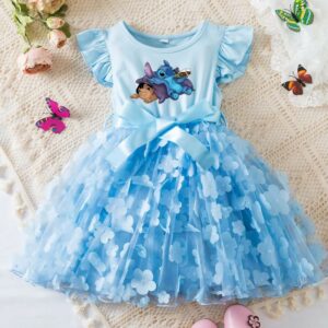 Robe bleue Lilo & Stitch avec jupe en tulle fleuri et manches à volants