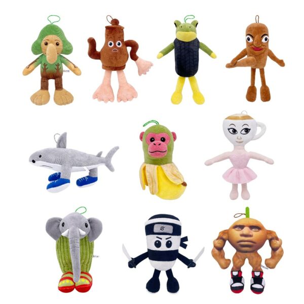 10 peluches différentes représentantes des personnages de l'univers italian brainrot, sur fond blanc
