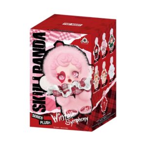 Blind box style Skullpanda Winter Symphony de couleur rouge avec une peluche rose sur le devant de la boîte. Sur fond blanc.