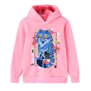 Sweat fille K-pop Demon Hunters Derpy le tigre bleu entouré d'un cadre fleuri. Le sweat est rose à capuche. Sur fond blanc.