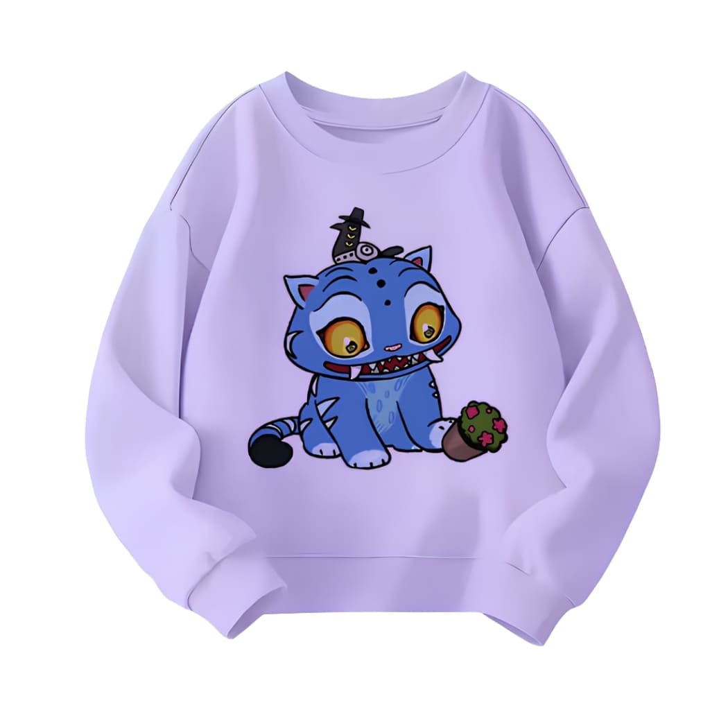 Sweat fille K-pop Demon Hunters violet avec le tigre bleu sur fond blanc.