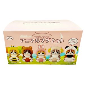 Boîte de magnets mofusand contenant 5 aimants surprise en forme de chats déguisés en animaux, dans un emballage rose illustré.