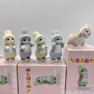 Figurines Mofusand en costume de lapin pastel posé sur leur boites, collection de 5 modèles aléatoires