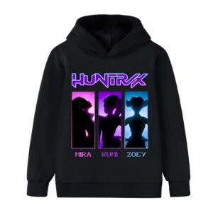 Sweat fille K-pop Demon Hunters avec motif Huntrix coloré. Le sweat est noir, le motif représente trois silhouettes des personnages principaux dans un cadre coloré. Le mot HUNTRIX est écrit en gros au-dessus. Sur fond blanc.