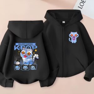 Sweat fille K-pop Demon Hunters zippé à capuche motif Derpy. A gauche, le sweat vu de dos avec un grand motif de Derpy, sur la droite, l'avant du sweat zippé avec un motif de Derpy plus petit côté cœur. Sur fond beige.