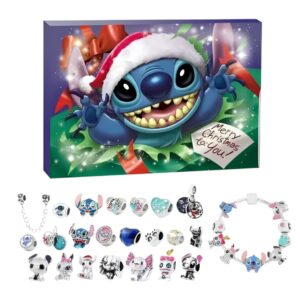 Calendrier de l'Avent Stitch bracelet style Pandora à personnaliser. La boite à l'effigie de Stitch avec un chapeau de Noël et au-dessous, les breloques et bracelet. Sur fond blanc.