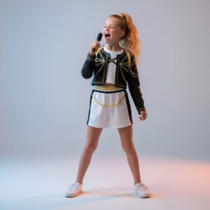 Déguisement fille costume Rumi K-pop Demon Hunters porté par une fille avec une queue de cheval sur fond gris éclairé par la droite. La tenue comporte un short aux détails noirs et dorés, un top blanc et une veste scintillante noire. La fille porte une brosse à cheveux en guise de micro.