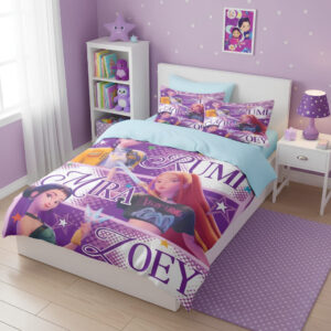 Parure de lit fille K-pop Demon Hunters Zoey, Mira et Rumi. La housse de couette violette avec les trois personnages est assortie aux deux coussins posés sur un lit blanc. Un tapis couleur lilas se trouve à droite du lit ainsi qu'une table de chevet blanche. A gauche un meuble blanc à étagères.