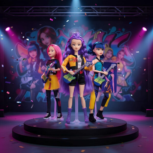 Poupées fille style Barbie K-pop Demon Hunters. Zoey Rumi et Mira sur une scène ronde avec des instruments de musique. Des projecteurs dans leur direction. Au fond un décor coloré les représentant.