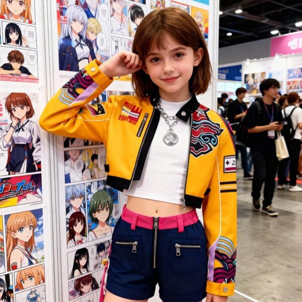 IMG_10_09_deguisement_kpop_demon_hunters_cosplay_rumi_3 Jeune file brune cheveux au carré dans un salon manga, portant la tenue de Rumi de Demon Hunters avec une veste jaune un haut blanc et un short.