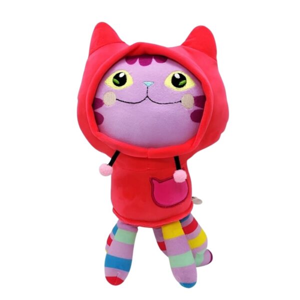 Peluche Gabby Chat doudou DJ Miaou, un chat violet avec une tenue rouge à capuche et des pattes multicolores. Sur fond blanc.