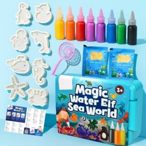 Ensemble créatif pour enfants avec moules en forme d’animaux, colorants en gel, poudre magique et accessoires pour créer des figurines 3D dans l’eau.
