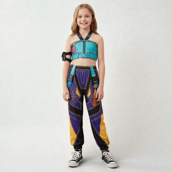 Fille souriante portant le Déguisement K-pop Demon Hunters cosplay Zoey style californien, ensemble blanc irisé à épaulettes dorées et baskets jaunes sur fond uni clair.