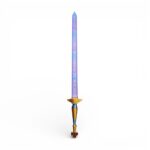 Jouet Kpop Demon Hunters epee sacree Rumi avec lame violette bleue transparente inscriptions runiques dorées manche bleu or sur fond blanc neutre.