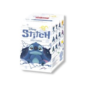 Blind box Stitch sur fond blanc. On voit une boite blanche avec stitch en bleu qui à l'air de sortir de la boite, et écrit stitch au dessus