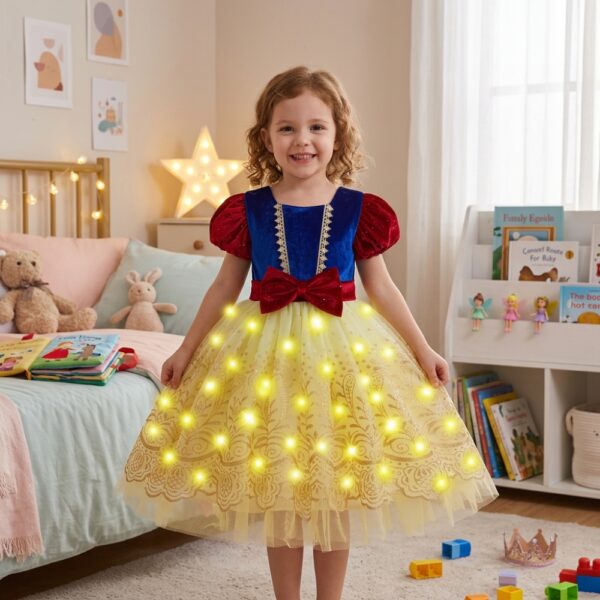 Petite fille dans sa chambre portant une robe de princesse LED de Blanche-Neige