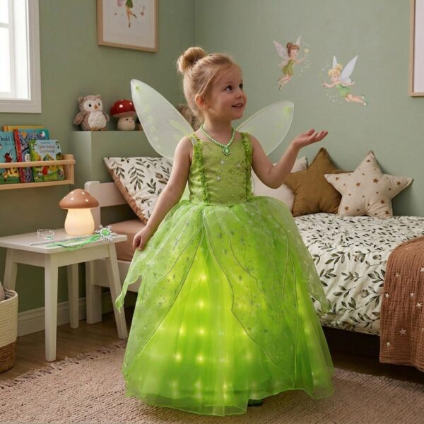 Petite fille dans sa chambre portant une robe princesse LED de la Fée Clochette