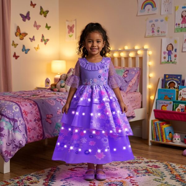 Petite fille dans sa chambre portant la robe de princesse LED violette d'Isabela dans Encanto
