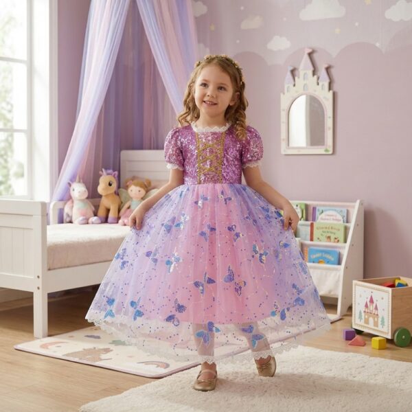 Petite fille dans sa chambre portant une robe de princesse LED inspirée de Raiponce