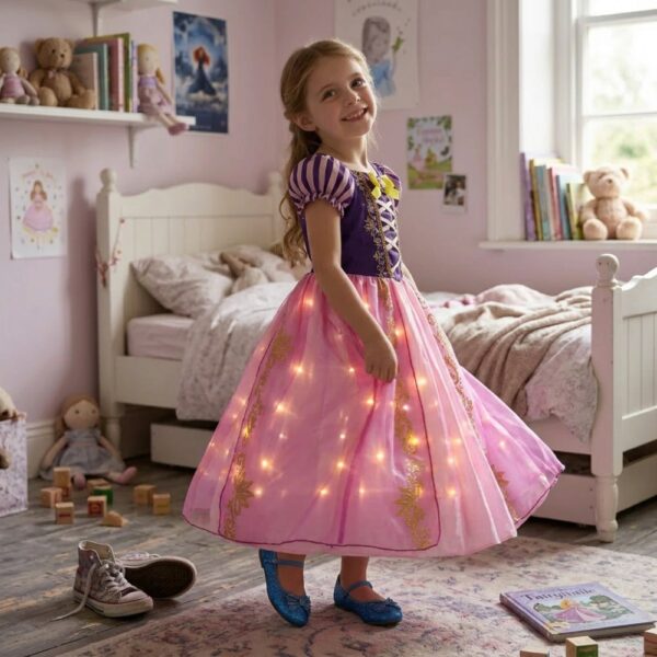 Petite fille dans sa chambre portant une robe de princesse LED inspirée de Raiponce