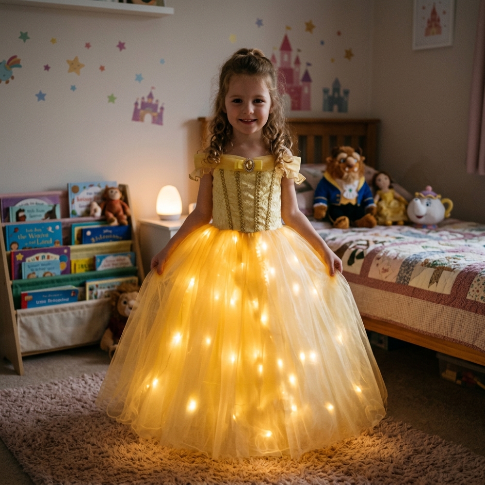 Petite fille dans sa chambre portant une robe de princesse LED inspirée de la Belle et la Bête