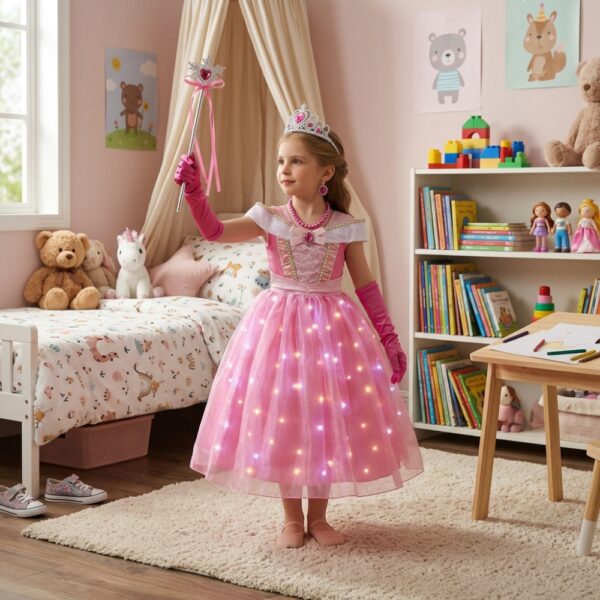 Petite fille dans sa chambre portant une robe de princesse LED rose de la Belle au Bois Dormant