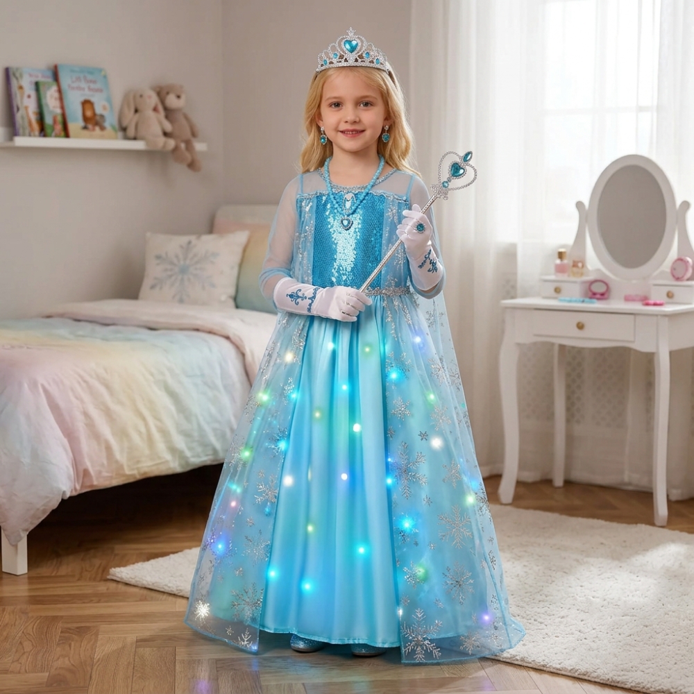 Petite fille dans sa chambre portant une robe de princesse LED inspirée de la Reine des Neiges