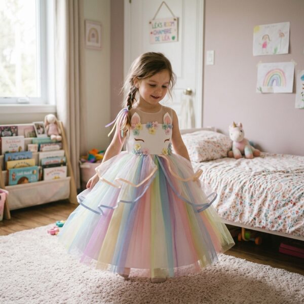 Petite fille dans sa chambre portant une robe de princesse LED à motif licorne