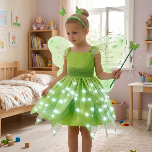 Petite fille portant une robe de princesse LED verte comme une petite fée, dans sa chambre