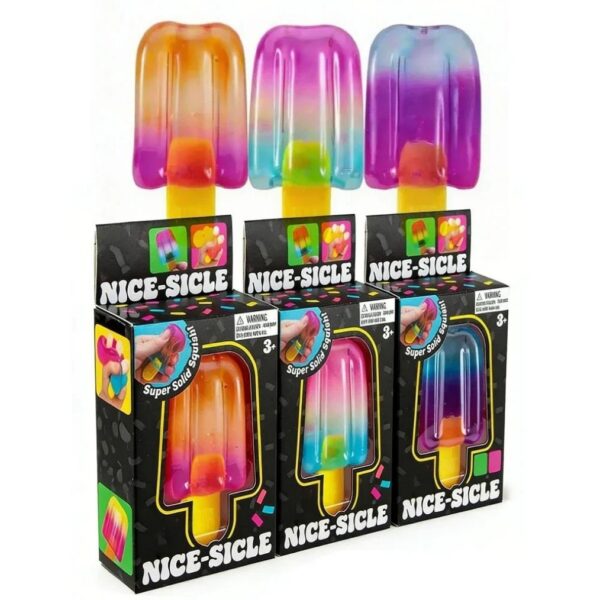 3 boites noires Needoh avec l'intérieur des squishy anti-stress en forme de glaces colorées. Au-dessus des boites on voit les 3 modèles exposés