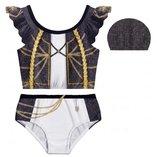 Un maillot de bain Kpop Demon Hunters tenue Golden deux pièces noir et blanc avec détails dorés, composé d’un haut à volants et d’une culotte assortie, présenté sur fond blanc.