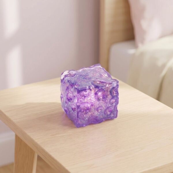 Un cube squishy anti-stress Needoh à paillettes violet posé sur une petite table en bois, dans une pièce douce et lumineuse.